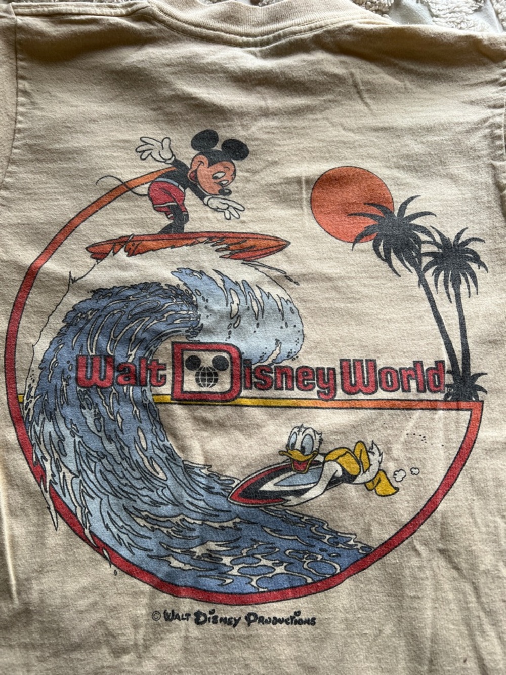 1980s Vintage Mickey Mouse Surf Graphic Tee - Cream Single Stitch Size Small